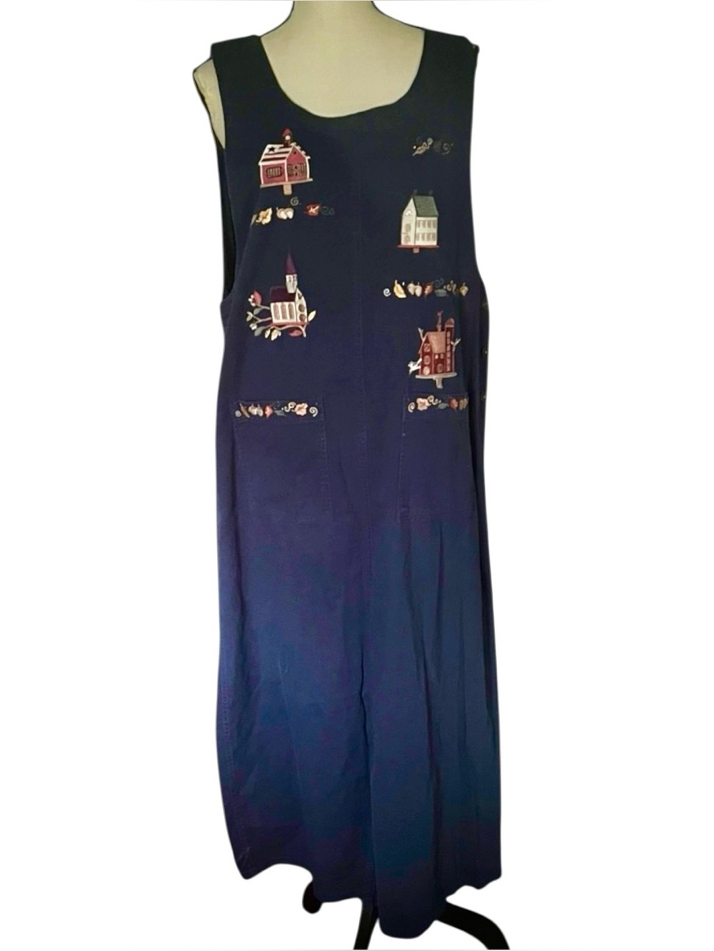 Fall theme Birdhouse/Leave garland embroidered navy jumper dress. SZ. 14